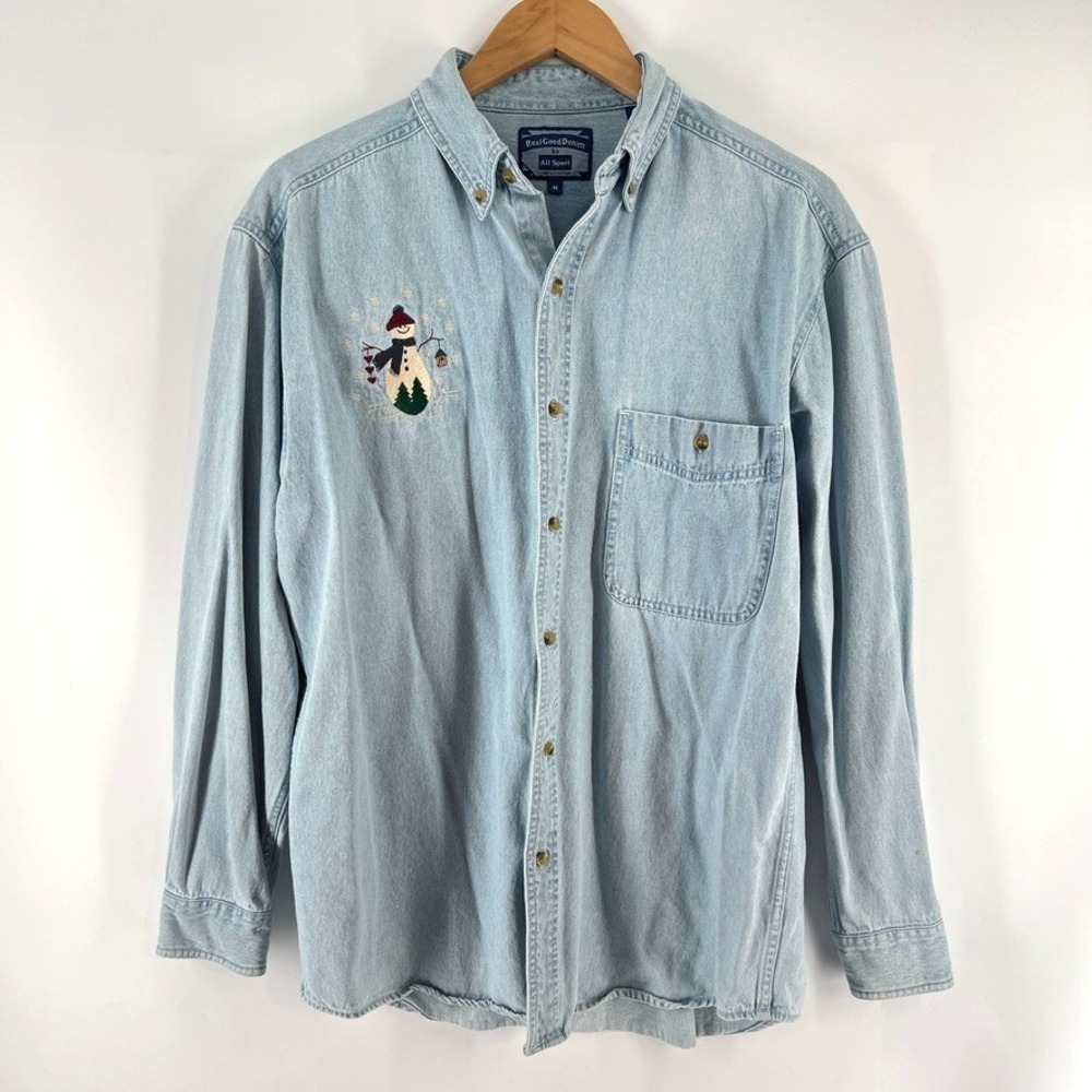 VTG 90s Shirt Denim Snowman Embroidered Unisex Sz M Light Wash Christmas Holiday